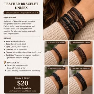 Genuine Leather Layered Bracelet Set - Dark Brown & Black 4 pieces